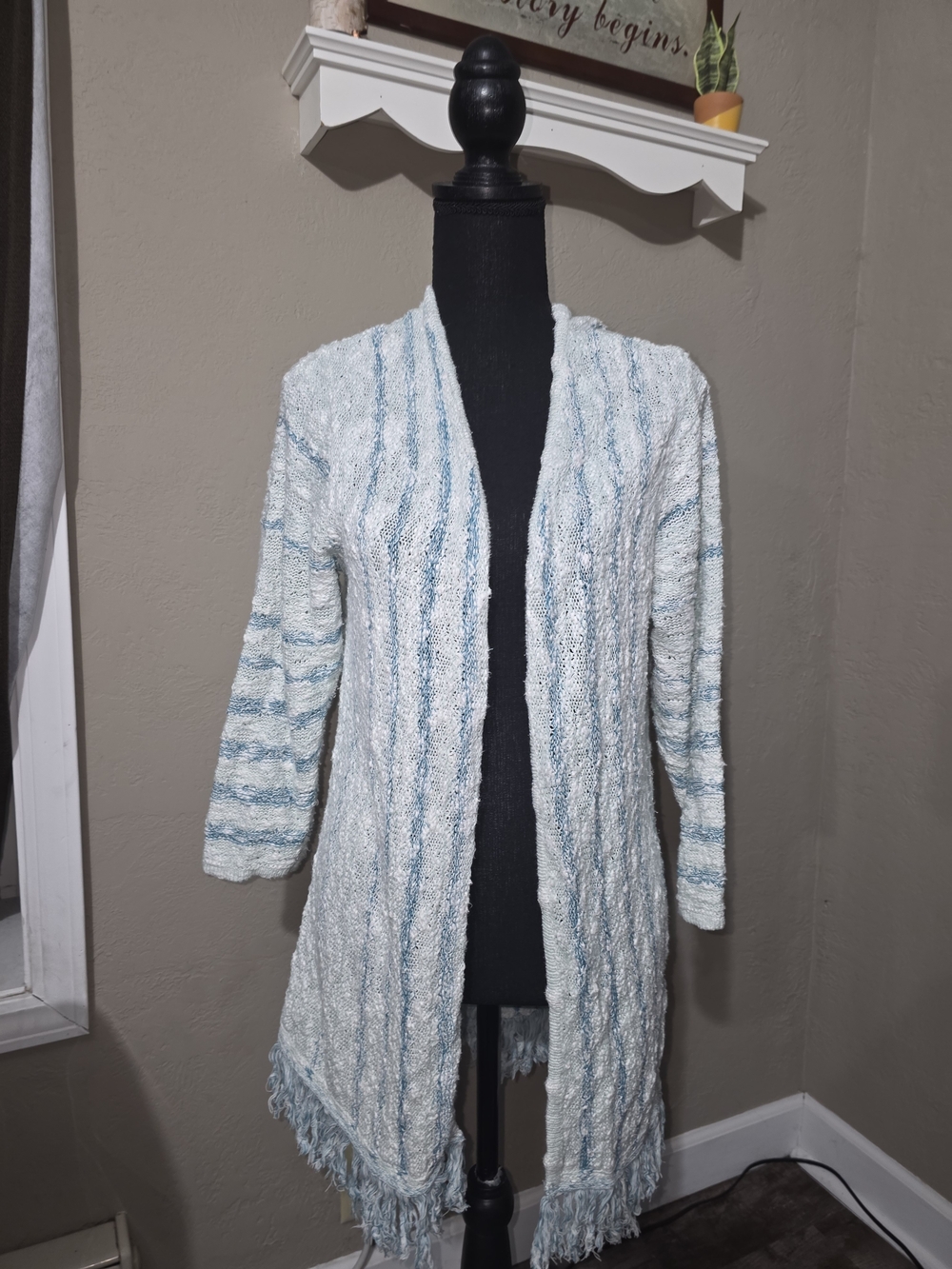 Christopher & Banks Light Blue and White Open Front Fringe Cardigan